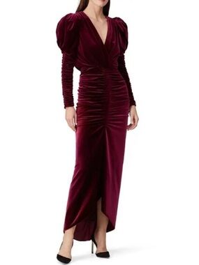 Ronny Kobo Alicia Velvet Ruched Burgundy Dress with Puff Long Sleeves S